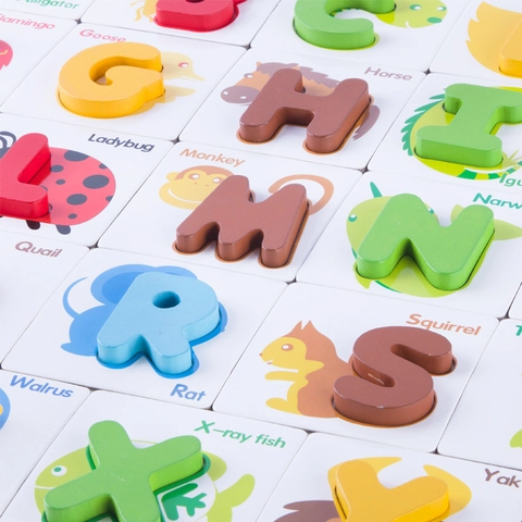 Carte dell'Alfabeto in Legno con Motivo Animale Educazione Prescolare Giocattoli Montessori Blocchi di Lettere Educativi Colorati per Bambini