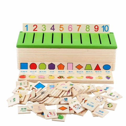 Wooden Montessori Classification Box For Toddlers Bilingual English Chinese Cognitive Matching Toy Sorting Box Educational Learning Gifts