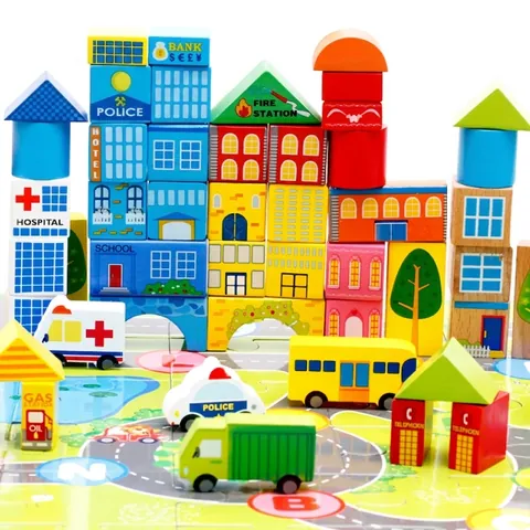 Wooden City Traffic Building Blocks Educational Construction Toy For Children With Storage Bucket And Patterned Play Mat