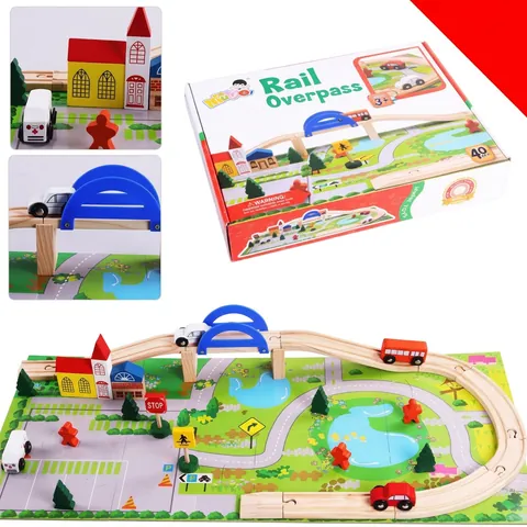 Giocattolo Blocchi Costruzione Cavalcavia Ferroviario Urbano Legno Con Binari Ponti Auto Alberi Per Bambini Gioco Educativo