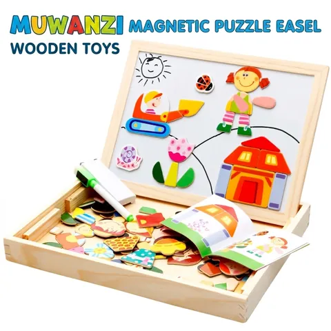 Set di Puzzle Magnetici con Animali della Fattoria in Legno per Bambini Lavagna da Disegno a Doppia Faccia Giocattolo Educativo con Scatola
