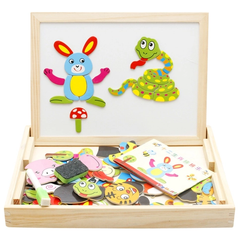 Set di Puzzle Magnetici con Animali della Fattoria in Legno per Bambini Lavagna da Disegno a Doppia Faccia Giocattolo Educativo con Scatola