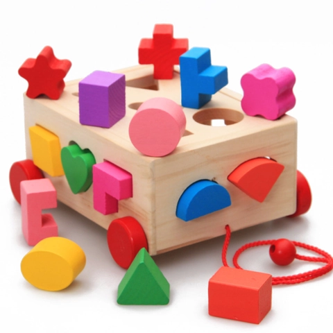 Giocattolo in Legno Sorter di Forme Multi Foro Carrello a Traino Box Intelligenza RB89 Per Bambini Blocchi Geometrici Educativo