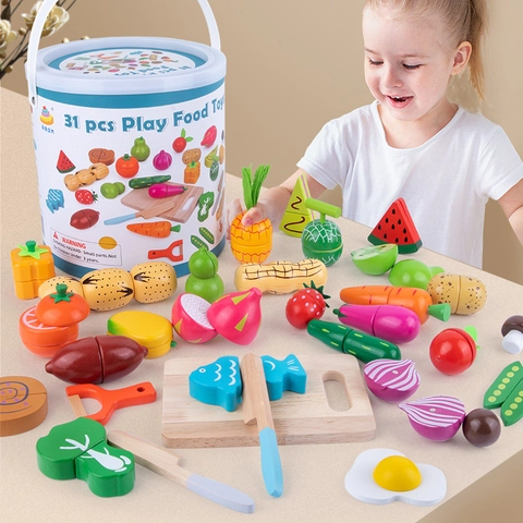 Wooden Magnetic Fruit And Vegetable Play Food Set For Kids Simulation Kitchen Pretend Play Educational Toy With Storage Bucket