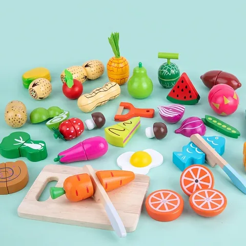 Wooden Magnetic Fruit And Vegetable Play Food Set For Kids Simulation Kitchen Pretend Play Educational Toy With Storage Bucket