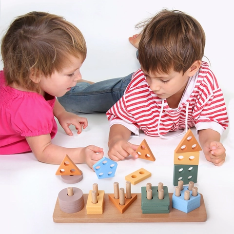 Montessori Wooden Geometric Shape Matching Column Blocks Educational Stacking Toy Morandi Colors Beech Wood Kids Learning