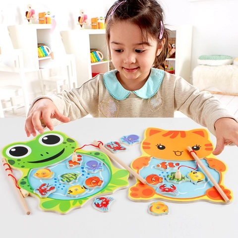 Giocattolo da Pesca Magnetico in Legno Cartone Animato Animali Marini Rana Gatto Gioco da Tavolo Educativo per Bambini