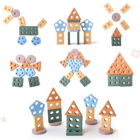 Montessori Wooden Geometric Shape Matching Column Blocks Educational Stacking Toy Morandi Colors Beech Wood Kids Learning