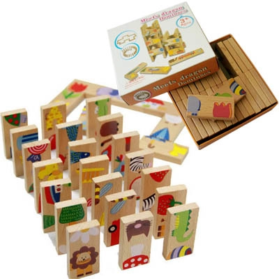 Holz Tier Domino Bausteine Pädagogisches Lernspielzeug Für Kinder Bunte Cartoon Muster Solitär Domino Spiel