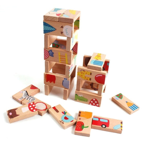 Holz Tier Domino Bausteine Pädagogisches Lernspielzeug Für Kinder Bunte Cartoon Muster Solitär Domino Spiel