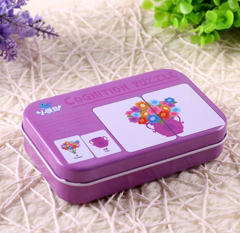 Wooden Kids Educational Cognition Matching Puzzle Cards Tinplate Container Cartoon Animal Fruit Vehicle Learning Game Toys