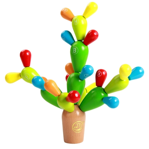 Giocattolo Educativo in Legno Alfabeto Cactus Blocchi di Bilanciamento Puzzle di Costruzione a Incastro Multicolore Per Bambini Logica