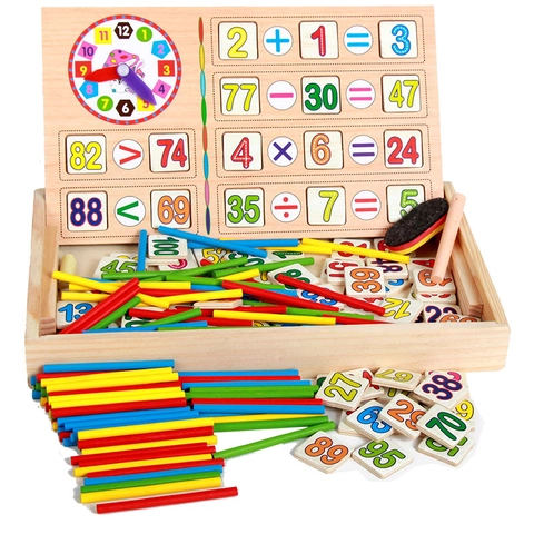 Educational Wooden Mathematics Toy Set With Counting Sticks Number Blocks Learning Clock Montessori Math Learning Box For Kids