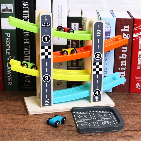 Wooden Ramp Racer Gliding Car Toy 4-Layer Track Toddler Racing Playset Educational Montessori Vehicle Toy For Kids Boys Girls