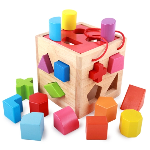 Holz Formensortierer Spielzeug Box Für Kleinkinder Frühe Pädagogische Geometrische Passende Blöcke Lernwürfel Naturholz