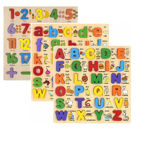 Holz Alphabet Puzzle Brett Pädagogisches Spielzeug Für Kinder Mehrfarbig Cartoon 3D Zahlen Buchstaben Lernen Greifpuzzle Für Kinder Geschenk