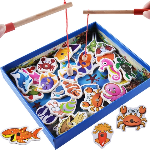 Magnetic Wooden Fishing Game Toy Colorful Ocean Animal Design For Toddler Educational Early Learning Preschool Development Gift