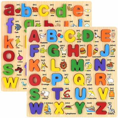 Holz Alphabet Puzzle Brett Pädagogisches Spielzeug Für Kinder Mehrfarbig Cartoon 3D Zahlen Buchstaben Lernen Greifpuzzle Für Kinder Geschenk
