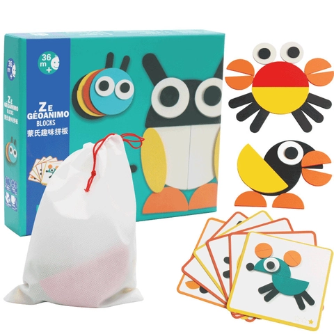 Juego de Rompecabezas Geométrico de Animales de Madera Montessori Con 29 Bloques 20 Tarjetas Educativo para Niños