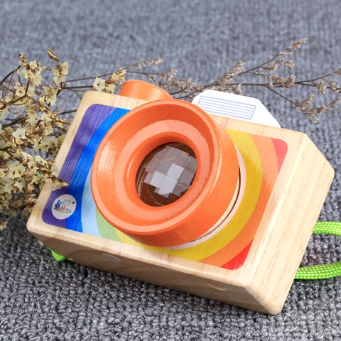 Kids Wooden Kaleidoscope Camera Toy Nordic Style Rainbow Printed Simulation Camera Photography Prop Learning Education Toy For Children