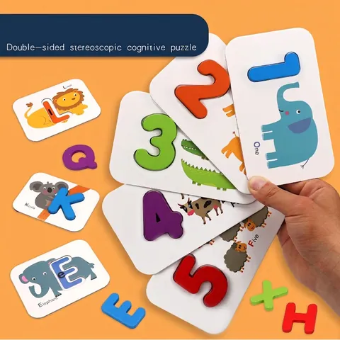 Kids Alphabet Number Matching Cards Wooden 3D Puzzle Early Learning Educational Toy With Storage Box Animal Cognitive Cards