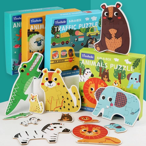Puzzle in Legno per Bambini in Età Prescolare Cartone Animato Animali Traffico Apprendimento Cognitivo Giocattolo Educativo