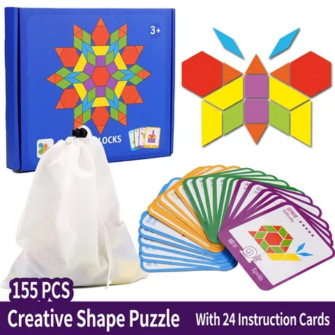 Bloques de Madera Montessori con Patrones Formas Geométricas Rompecabezas Cartas de Diseño Juguete Educativo de Aprendizaje Temprano para Niños Regalo