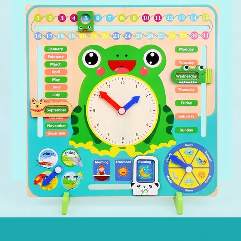 Kikker Thema Multifunctionele Houten Kinderen Kalender Klok Educatief Bord Leren Datum Maand Week Weer Seizoen Tijd Cognitie