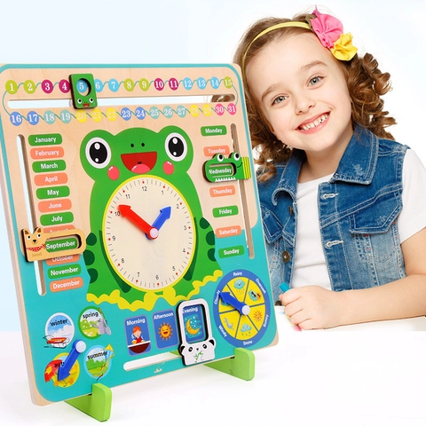 Kikker Thema Multifunctionele Houten Kinderen Kalender Klok Educatief Bord Leren Datum Maand Week Weer Seizoen Tijd Cognitie