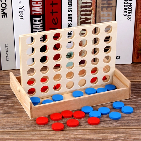 Wooden Connect Four Board Game For Kids Educational Strategy Tabletop Toy With Red Blue Round Chips Foldable Strategy Toy