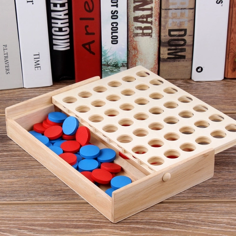 Wooden Connect Four Board Game For Kids Educational Strategy Tabletop Toy With Red Blue Round Chips Foldable Strategy Toy