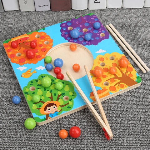 Wooden Montessori Color Matching Bead Game Educational Fine Motor Skills Toy For Kids Toddlers Fruit Tree Pattern Board Tools
