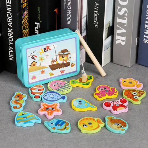 Magnetic Fishing Toy For Toddlers Wooden Ocean Animal Tin Box Storage Educational Pretend Play Game Parent-Child Interaction Kids Gift