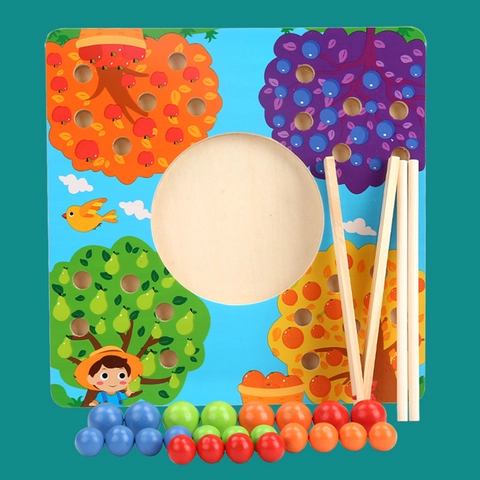 Wooden Montessori Color Matching Bead Game Educational Fine Motor Skills Toy For Kids Toddlers Fruit Tree Pattern Board Tools