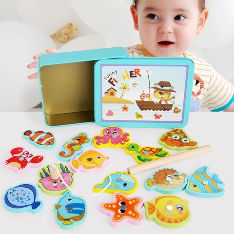 Magnetic Fishing Toy For Toddlers Wooden Ocean Animal Tin Box Storage Educational Pretend Play Game Parent-Child Interaction Kids Gift