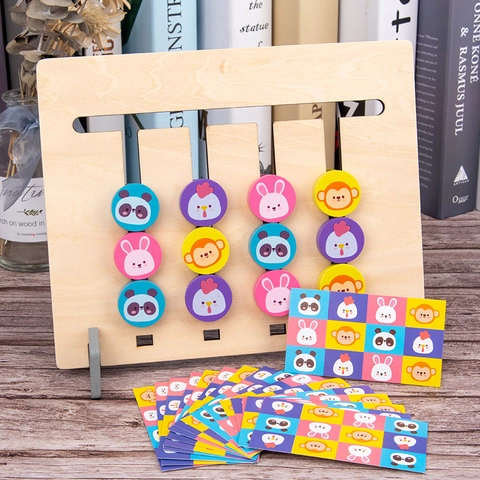 Jouet Éducatif Montessori en Bois Jeu de Logique Fruits et Animaux Double Face Puzzle à Coulisse pour Enfants