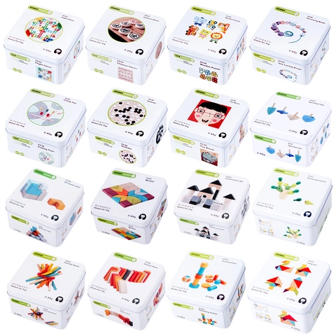 Portable Wooden Educational Toy In Tin Box Montessori Learning Puzzle Domino Building Blocks For Kids Travel Games