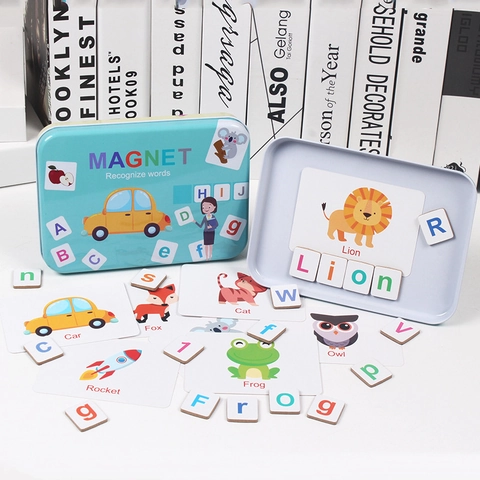 Magnetic Alphabet Spelling Game With Iron Box Educational Montessori Wood Letter Blocks Word Flashcards Learning Toy For Kids