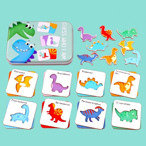 Puzzle in Legno per Bambini Giocattolo Educativo Precoce Animali Dinosauri Veicoli Riconoscimento Scatola in Latta Regalo
