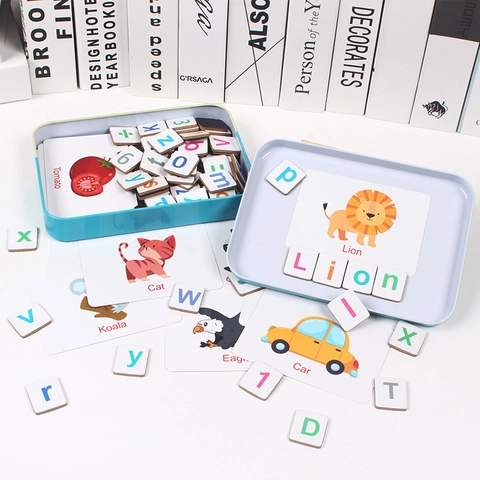 Magnetic Alphabet Spelling Game With Iron Box Educational Montessori Wood Letter Blocks Word Flashcards Learning Toy For Kids