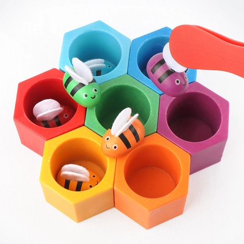 Giocattolo Montessori Alveare in Legno Riconoscimento Colori Abilità Motorie Fini Allenamento Gioco Ape con Morsetto