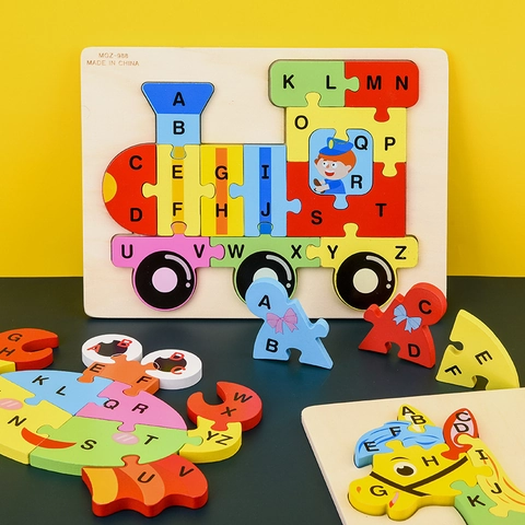 Puzzle Alfabeto Inglese in Legno Forma Animale per Bambini Montessori Illuminazione Educativa Giocattolo Cognitivo per Bambini