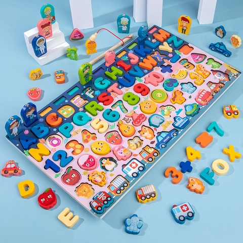 Montessori Pädagogisches Holzbrett Alphabet Zahlen Zählen Fischen Geometrische Form Matching Puzzle Für Kleinkinder Lernen