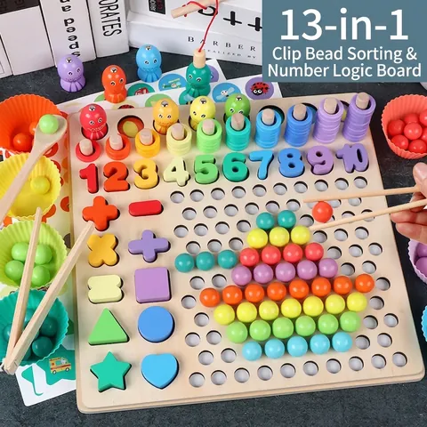 Montessori Houten 13-in-1 Educatief Speelgoed Set voor Kinderen Rekenen Vissen Vorm Kleur Sorteren Fijne Motoriek