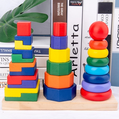 Hölzernes Montessori Lernspielzeug Regenbogen Stapelspielzeug Geometrische Form Sortierring Turm Puzzle für Kleinkinder Kinder