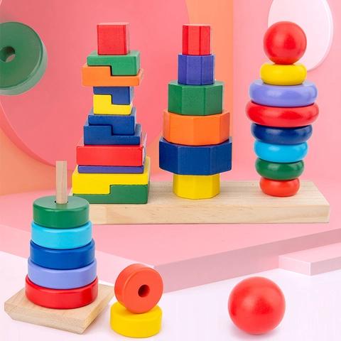 Hölzernes Montessori Lernspielzeug Regenbogen Stapelspielzeug Geometrische Form Sortierring Turm Puzzle für Kleinkinder Kinder