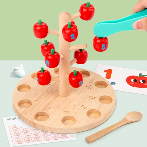 Montessori Wooden Apple Tree Counting Toy Kids Math Learning Number Recognition Addition Educational Early Learning Gift