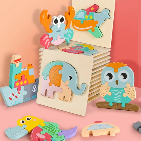 3D Wooden Animal Vehicle Puzzle Early Learning Educational Toy Montessori Interlocking Block Jigsaw For Toddlers Kids Gift