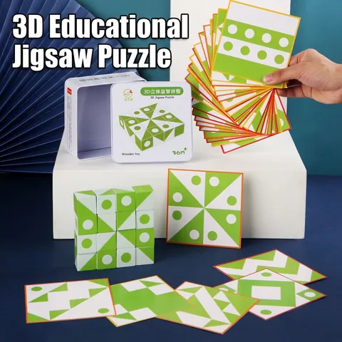 3D Wooden Jigsaw Puzzle Geometric Thinking Logic Training Blocks Montessori Educational Toy With Metal Storage Box For Kids