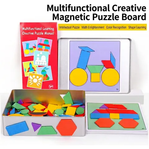Set de Rompecabezas Magnético de Madera de 148 Piezas Formas Geométricas Creativo DIY Tangram Montessori Juguete Educativo Con Caja